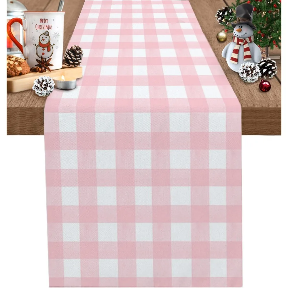 Christmas Rustic Pink White Buffalo Check Plaid Table Runner, Farmhouse Home Kitchen Dining Room Indoor Outdoor Decor