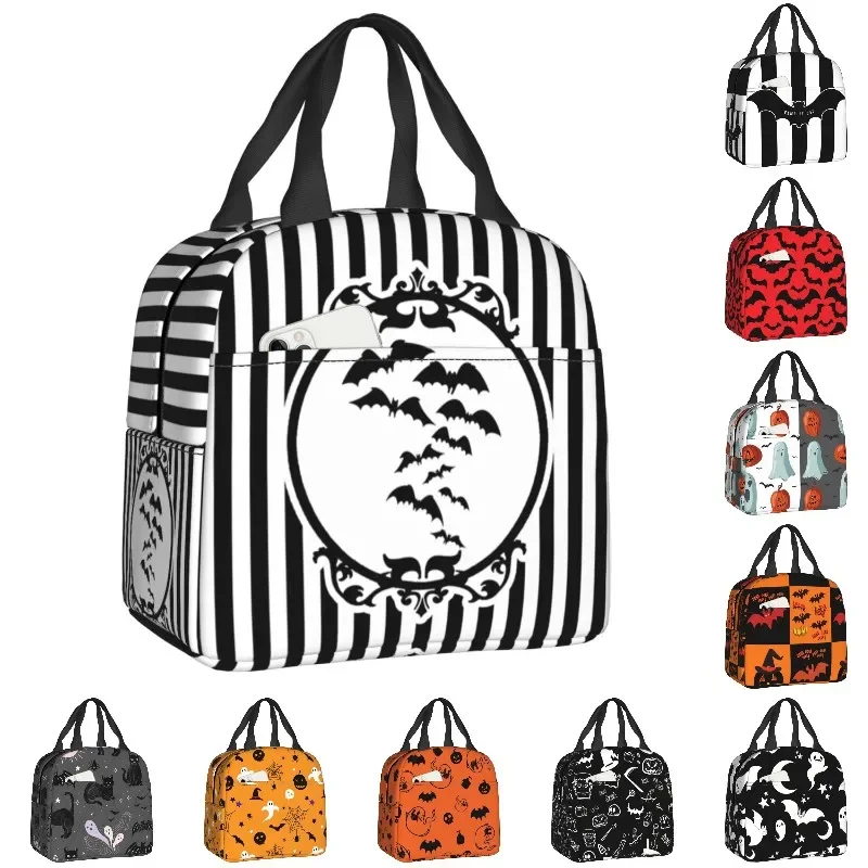 

Stripes And Bats Resuable Lunch Boxes for Women Waterproof Goth Occult Witch Halloween Thermal Cooler Food Insulated Lunch Bag