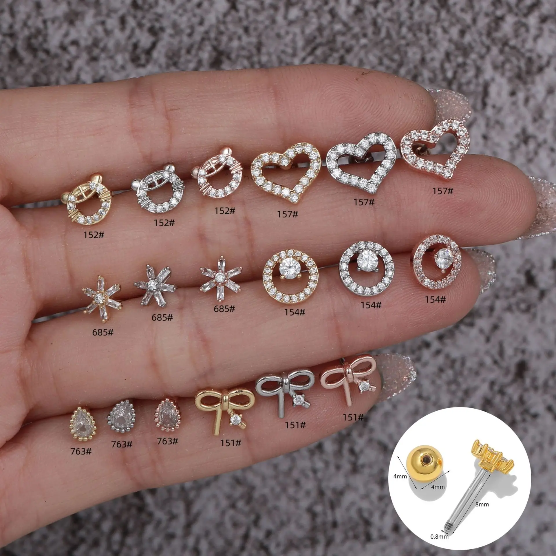 1Piece Stainless Steel Rod Zircon Heart Bow  Piercing Thread Stud Earrings Jewelry for Women Sweet Cute Party Gift Wholesale