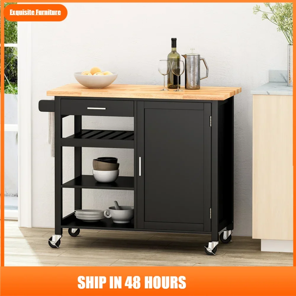 

Kitchen Island Cart Rolling Serving Cart Wood Trolley with Drawer, Storage Cabinet, 4 Wine Bottle Rack, Towel Rack and Lockable