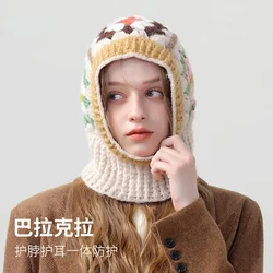 Winter Korean Version Hand Crochet Contrasting Flower Balaclava Hat Warm Ear Protection Niche Neck Knitted Wool Bomber Hat