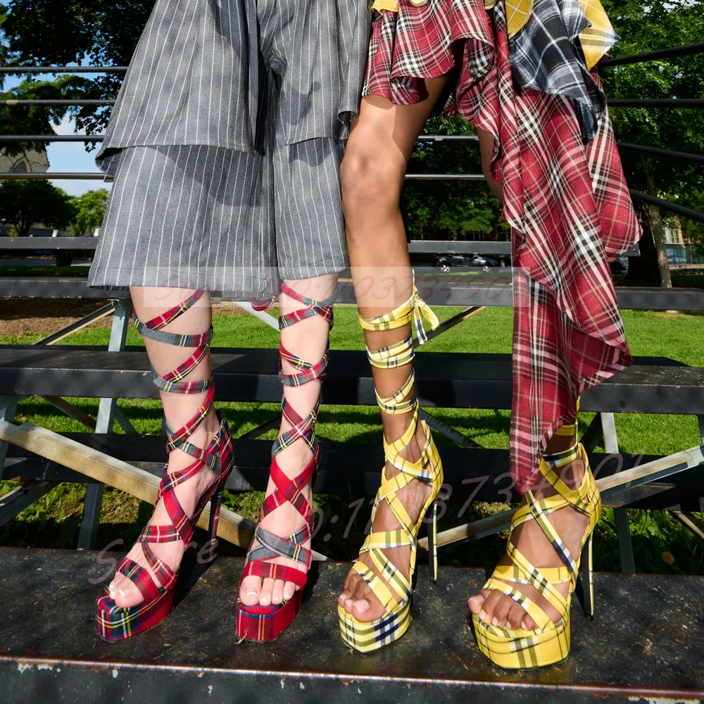 Plaid Print Platform Strappy Sandals Women Wrap-Around Lace Ties Yellow High Heels Shoes Fashion Runway Stiletto Sandals