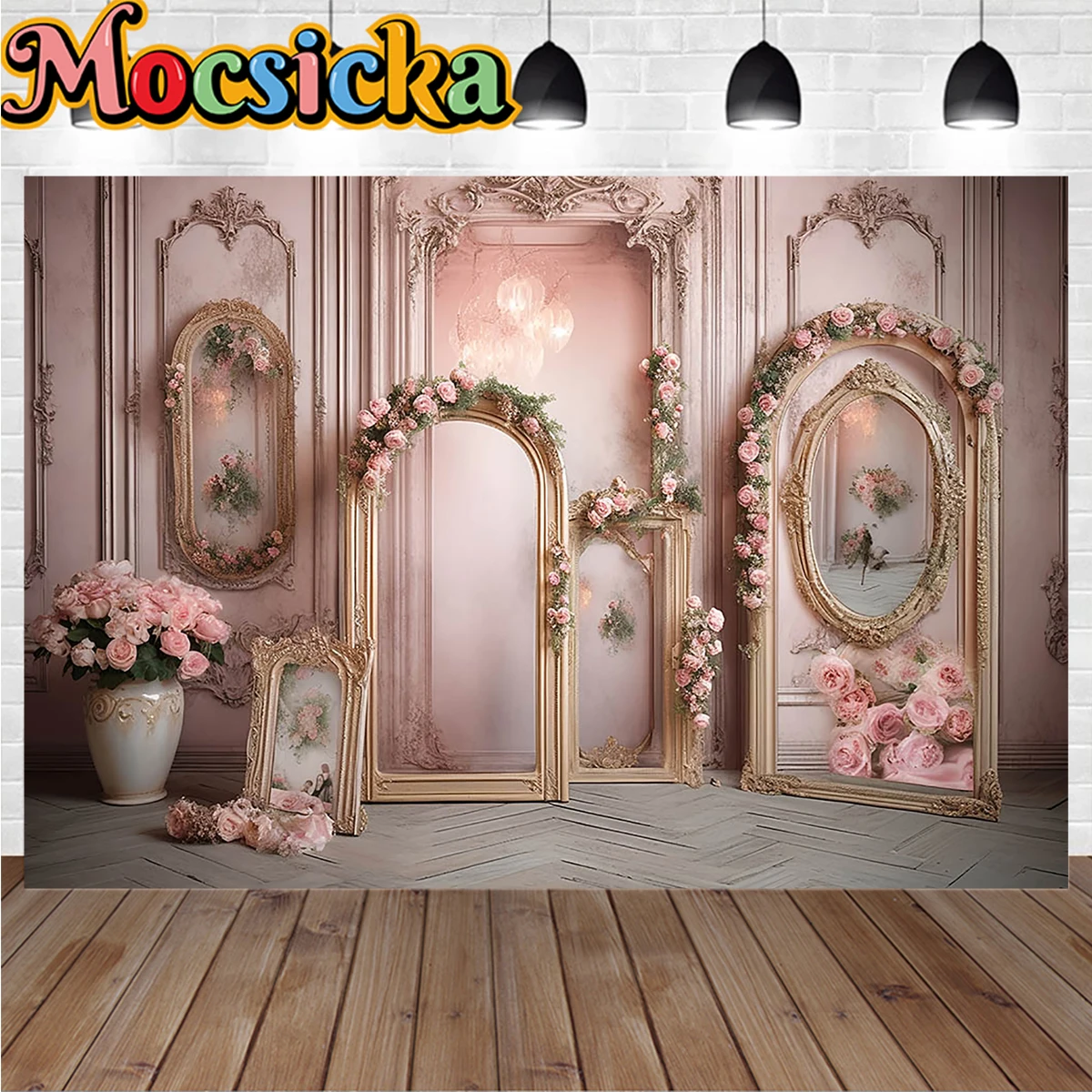 Dreamy Pink Girl Boudoir Backdrop Photography Golden Frame Retro Wall Background Flowers Decor Palace Kids Cake Smash Studio