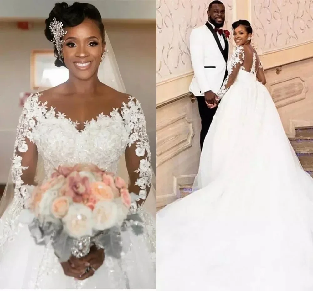 

Customized Arabic Vintage Lace Appliques Dresses Sheer Neck See Though Long Sleeves Wedding Bridal Gowns Cheap High Quality