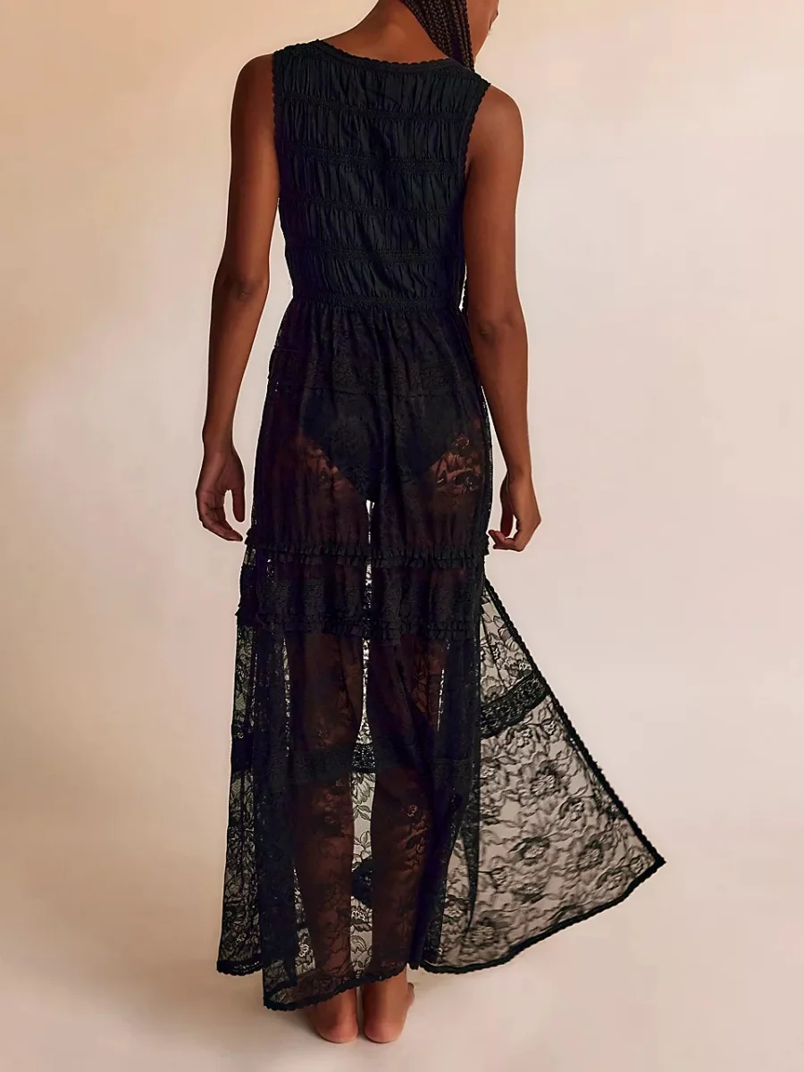 Womens French Style Lace Patchwork Bodysuit Dress Ruched Sleeveless V Nech Split Hem Sheer Mesh Long Dresses  Summer