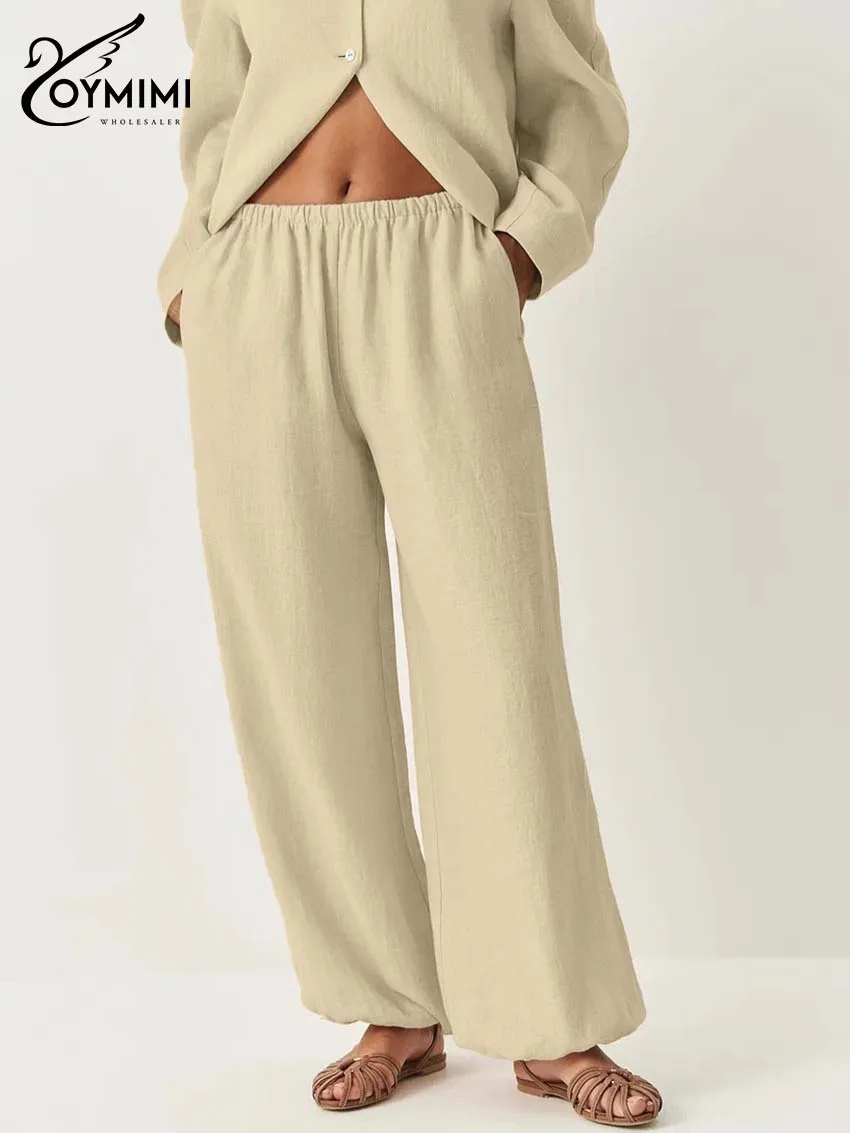 Oymimi 캐주얼 카키 코튼 투피스 세트 여성 패션 브이넥 긴 소매 버튼 셔츠와 심플한 포켓 스트레이트 바지 세트