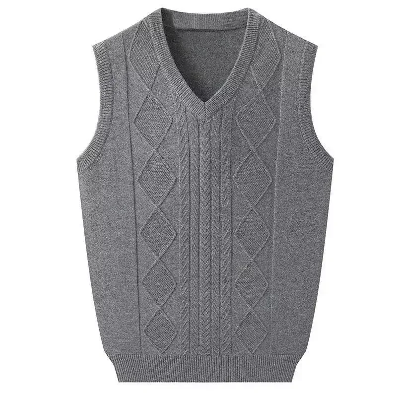 Men's Clothing Autumn Winter Solid Color Pullover V-Neck Screw Thread Sleeveless Sweater Knitted Vest Casual Fashion Tops WT38
