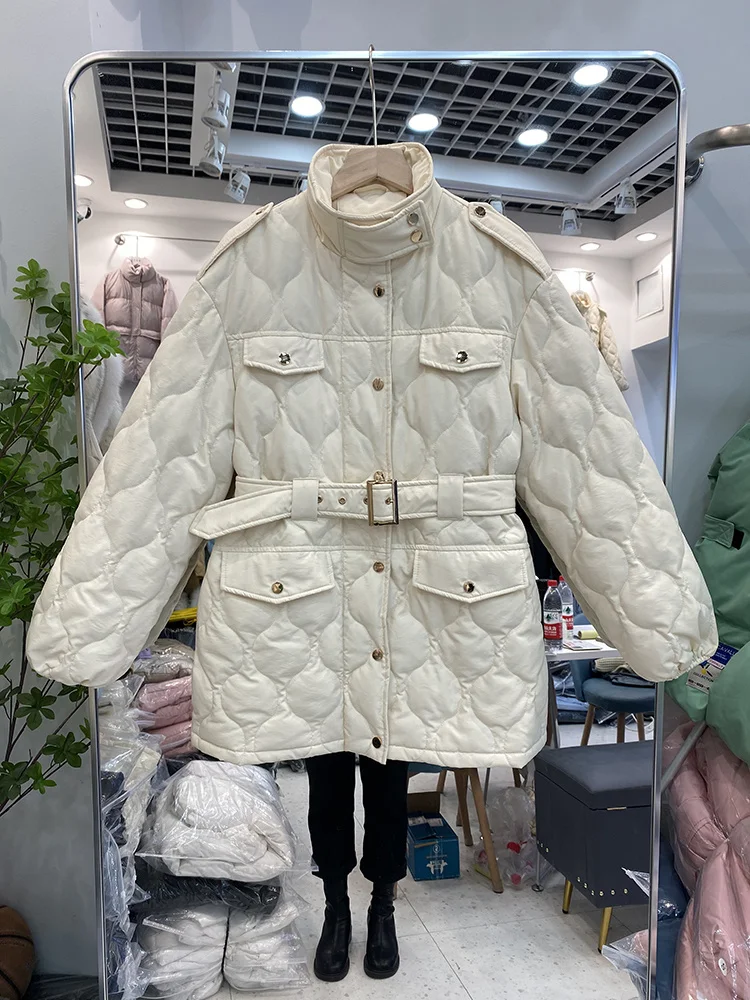 

Winter High quality 2023 Women New Warm Thick Parkas Fashion Solid Plaid Slim Jacket with Belt 90% White Duck Down Coat