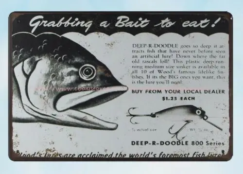 wall print Grabbing a Bait to eat,1950 Deep-R-Doodle fishing lure metal tin sign