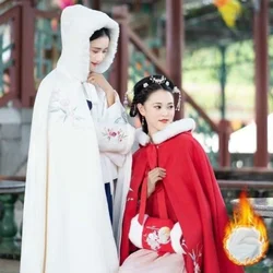 WATER Hanfu Cloak Jacket Ancient Women's Plush Thickened Winter Clothing Embroidered Cape White Red Chinese New Year Coat