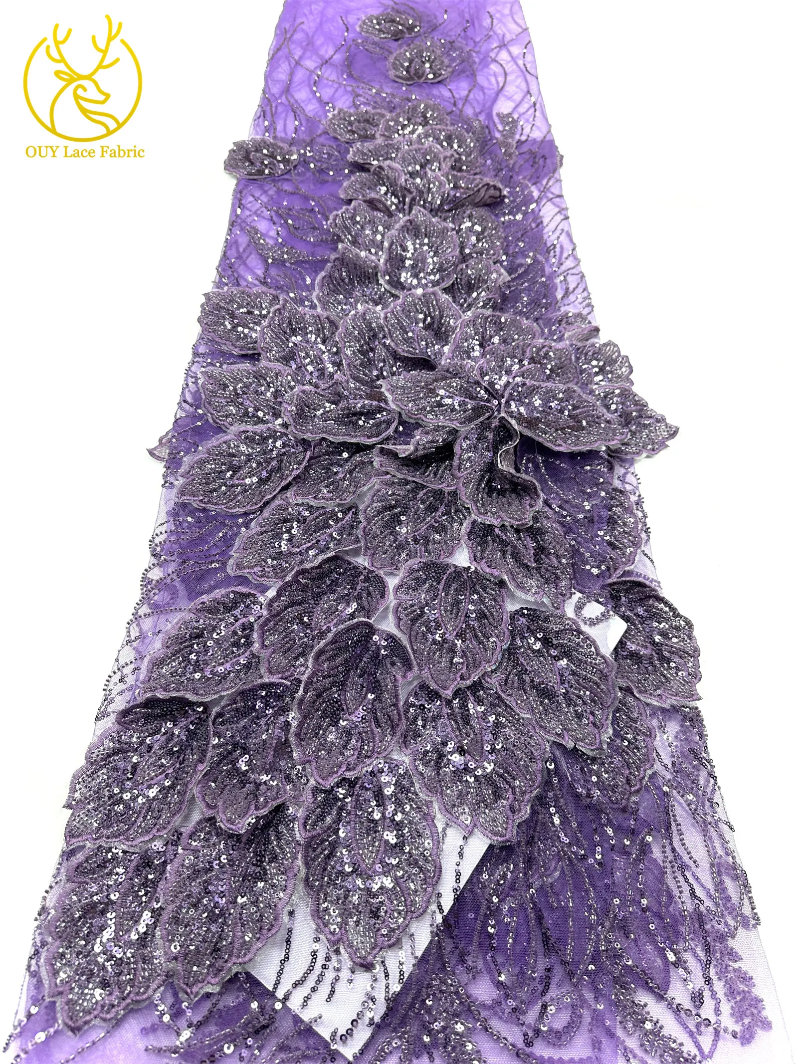 Nigerianischer 3D-Stickerei-Blatt-Spitzenstoff 5 Yards Afrikanische DIY-Stickerei Perlen-Pailletten-Spitze Tüll-Netzspitze Damen-Abendkleid – Detail 21