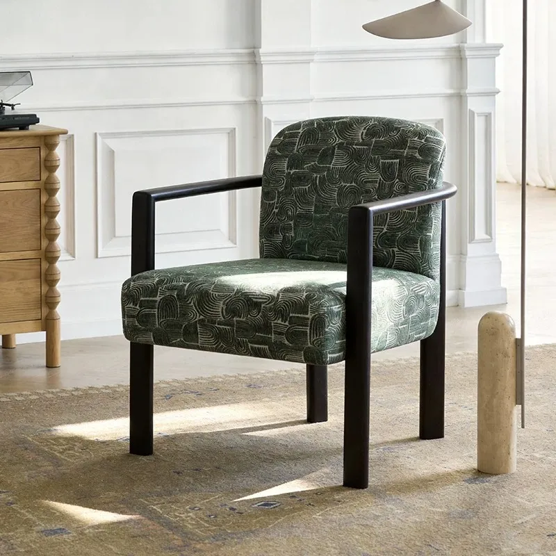 Nordic solid wood fabric dining chair, modern simple light luxury single leisure sofa chair