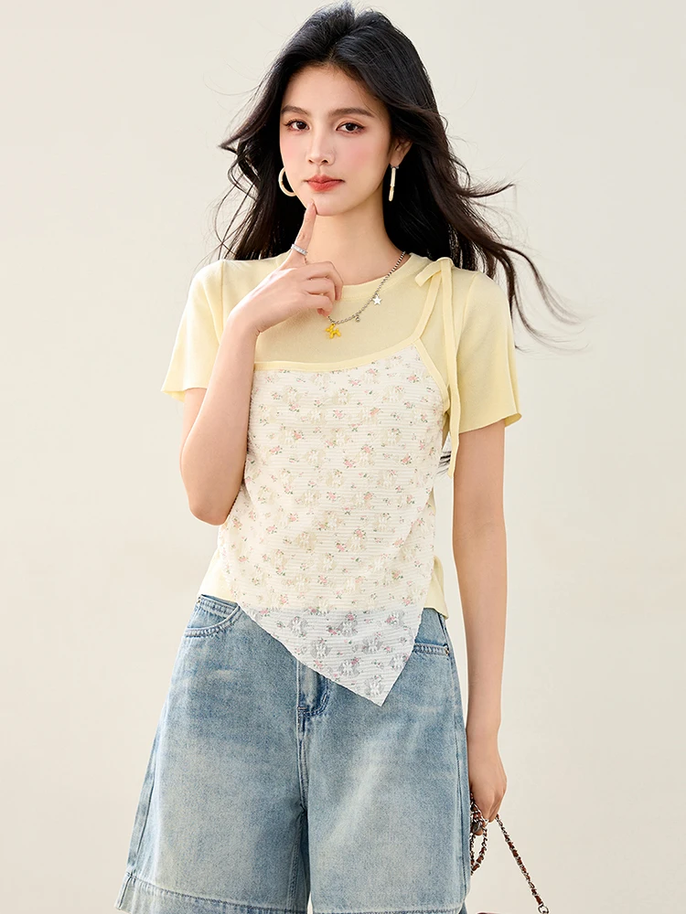 Słodka koszulka z krótkim rękawem nieregularny patchworkowy kwiatowy fałszywe dwuczęściowe t-shirty 2025 letnie nowe modne eleganckie topy Tees