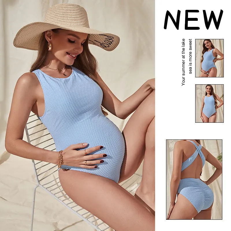 Maternity Photography Props Fashion Beach Photo Shooting Sky Blue Backless Maternity Swimsuit Clothes For Pregnant Women