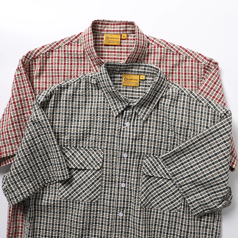 

Lightweight Bubble irt Loose Fit Men's ort Sve Casual irt Retro Plaid Wide Version Summer Faion Youth lin irt