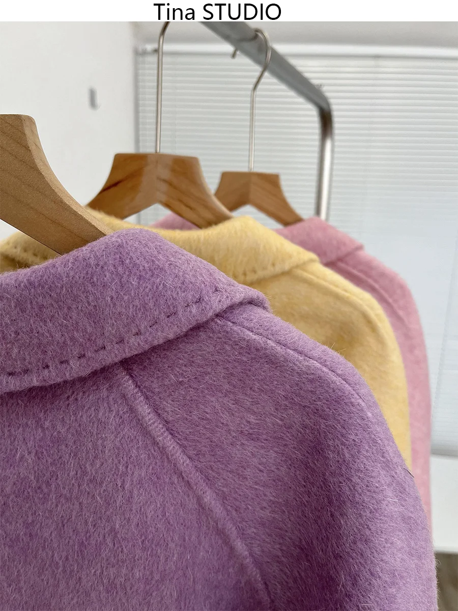 

Hand-sewed Women Double-sided Wool Cashmere Coat Long Casual Turn-down Collar Long Sleeve Coat Loose Fashion Fit Autumn Winter