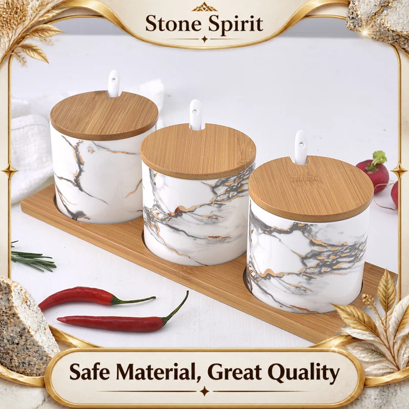 Ceramic Seasoning Jar with Wooden Lid, Spice Jar Set, Salt and Pepper Shakers，Seasoning Box, Chopstick Holder, Kitchen Supplies