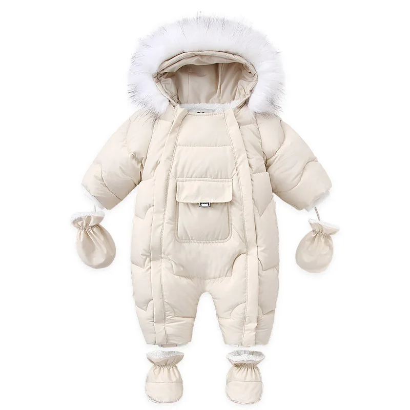 UNIFEMEN Winter Infants Bodysuit Plus Velvet Warm Hooded Newborn Baby Romper With Scarf Solid Thickened Toddler Winter Overalls