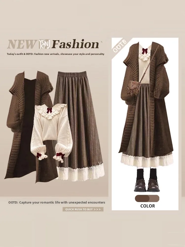 

Hong Kong Sle Lazy Commuter Vintage Knitted Cardigan Color Blo Pleated Skirt Women Winter Small Size Tee Piece Set