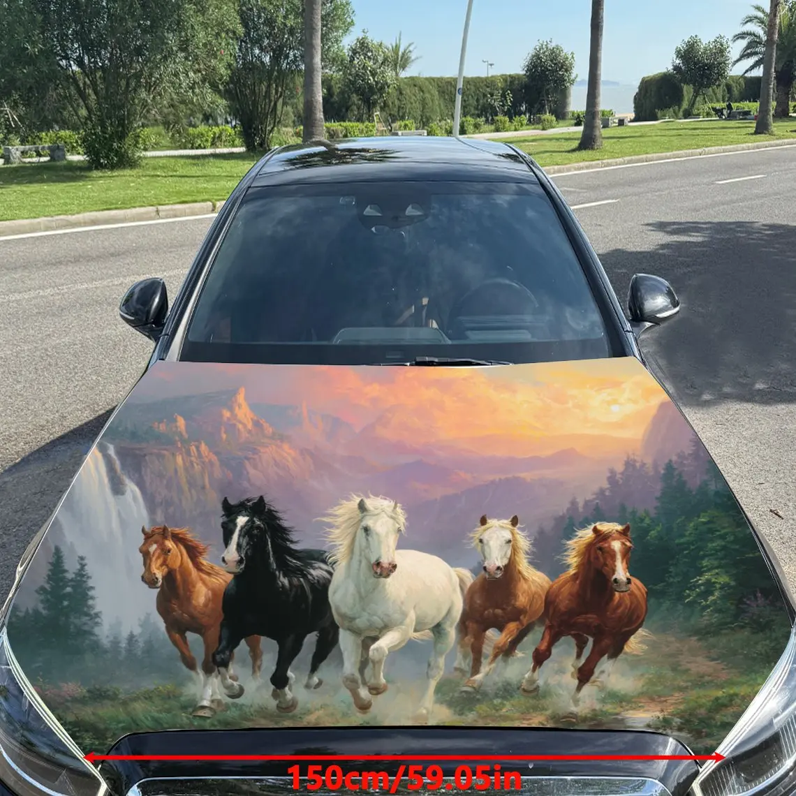 Car Decals Horses in Dynamic Running Pose with Scenic Backdrop Car Hood Sticker, Waterproof Self - Adhesive Vinyl Graphics Decal