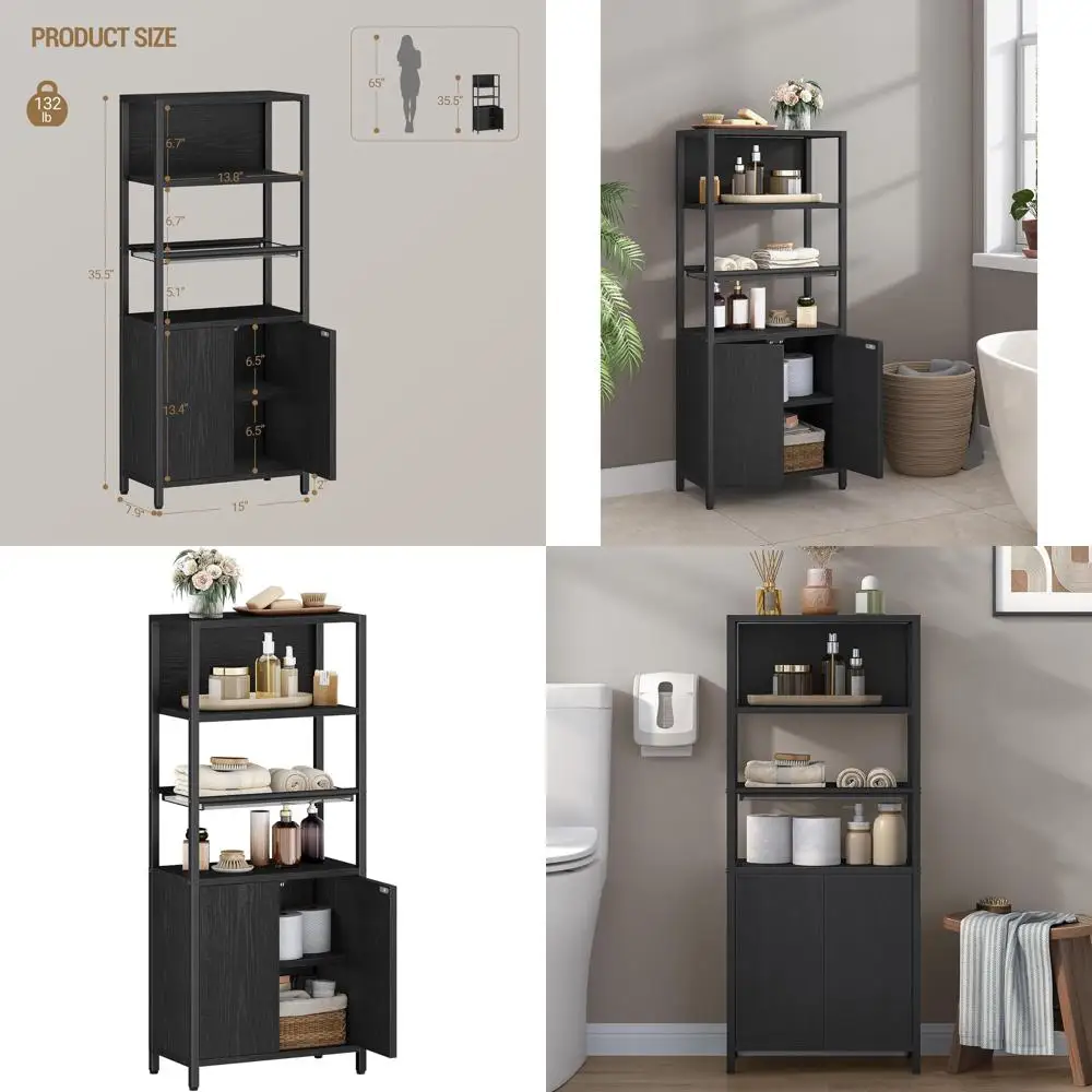 

Freestanding Black Bathroom Cabinet with Adjustable Shelves and Ventilated Grid, 7.9 Deep x 15 Wide x 35.5 High