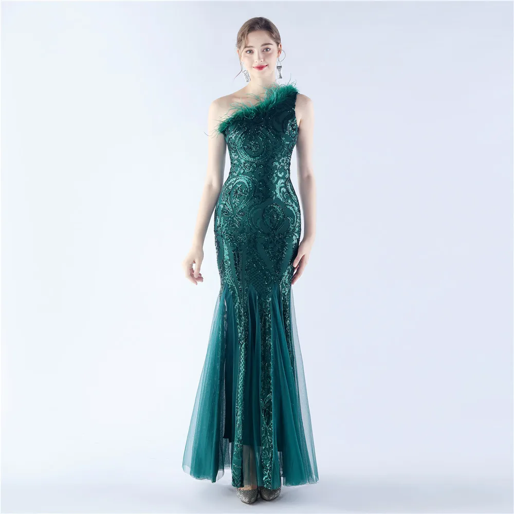 

Chic Green Mermaid Sequined Long Dress Evening Plus Size One Shoulder Feathers Tulle Long Prom Gowns Robe De Soiree Wholesale