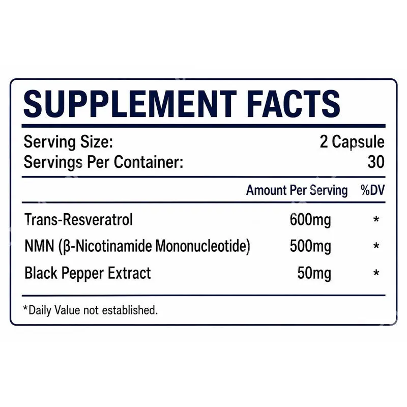 NMN & Resveratrol Capsules Antioxidant Complex Supplement with Black Pepper Extract 1100mg 60 Capsules