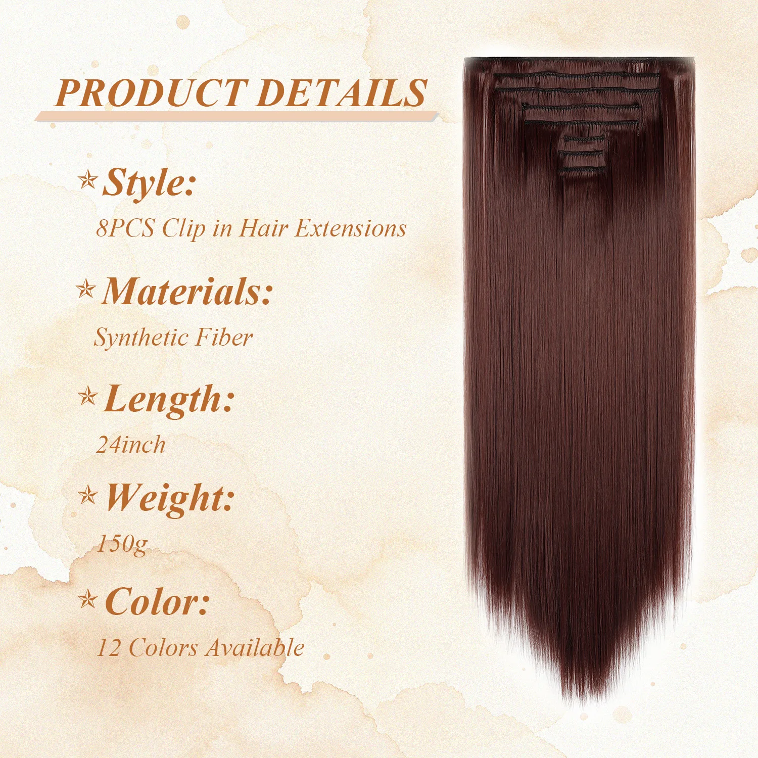24 Inch 8 Pcs Clip In Hair Extension Straight Hair Extensions for Women Daily Wear, Work & Casual Styling, Synthetic Hair Pieces