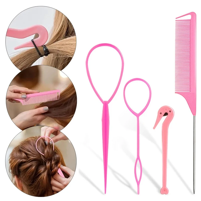 Francês Braid Hair Styling Tool, Loop Elastic Hair Bands Remover, Cortador, Rat Tail Comb, Metal Pin, Trança Combs, 4Pcs, 3Pcs