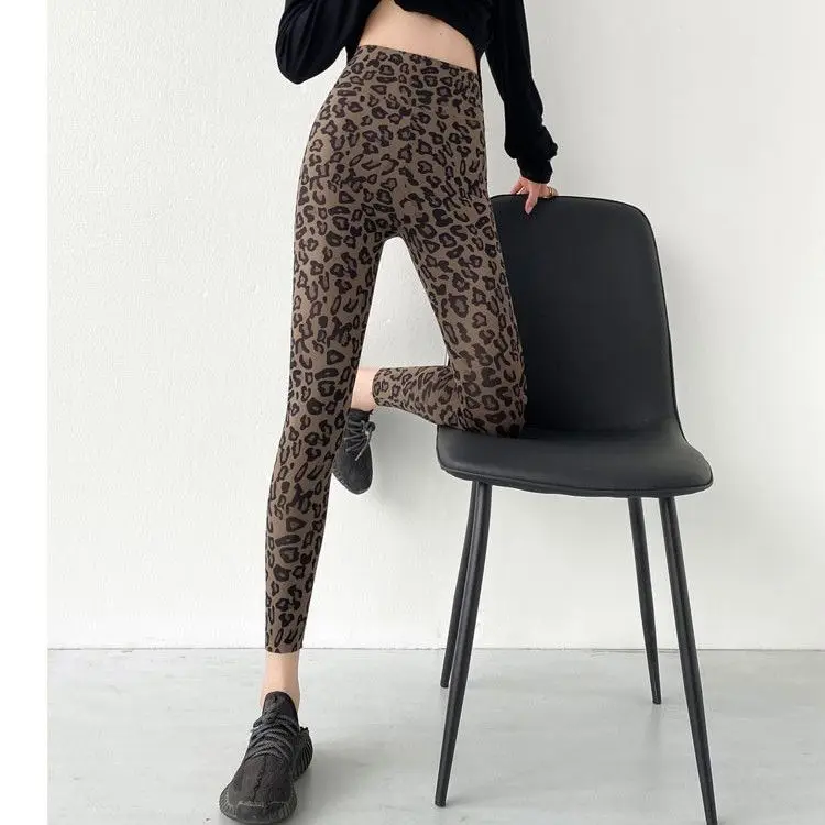 Leopar Baskı Barbie Pantolon ile Kadınlar Kadife Sonbahar Kış Giyim Yüksek belli Kamuflaj Sıcak Köpekbalığı Pantolon Küçük Ayak Dipleri
