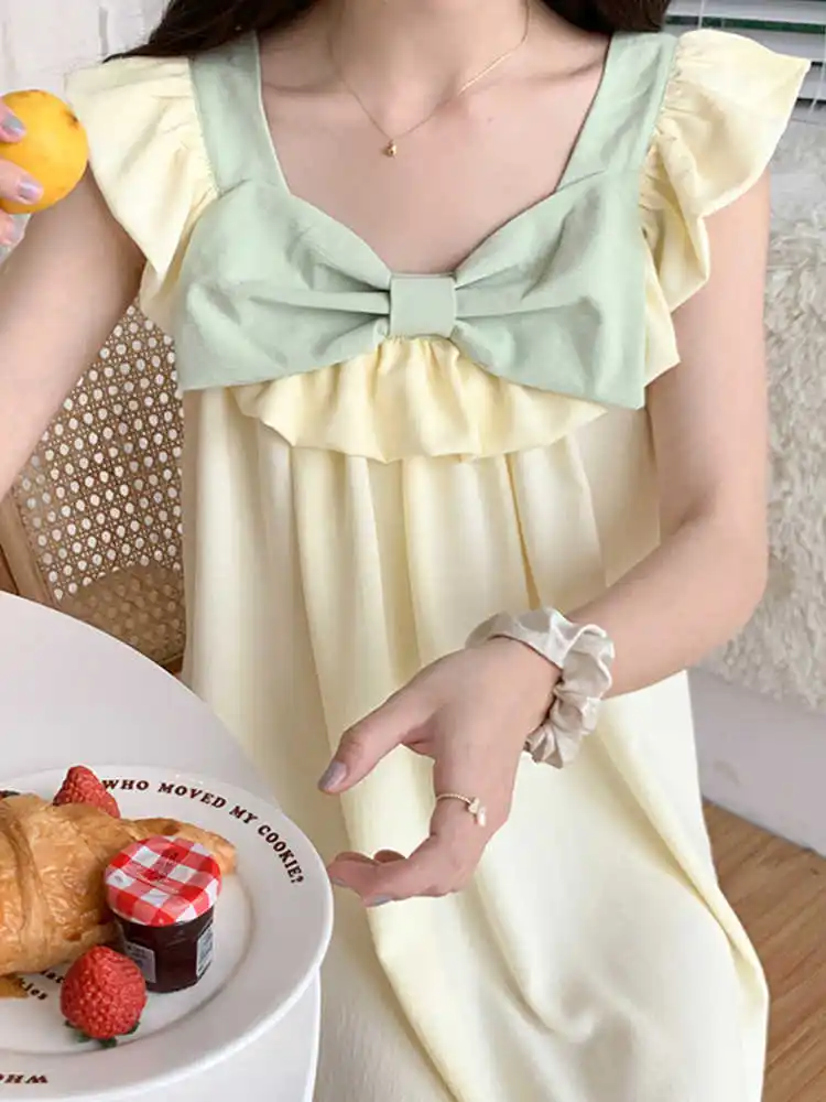 Yellow Nightgown For Women Summer Sweet Princess V-neck Camisole Nightgowns Cute Sleeveless Thin Contrasting Lace Home Outfit