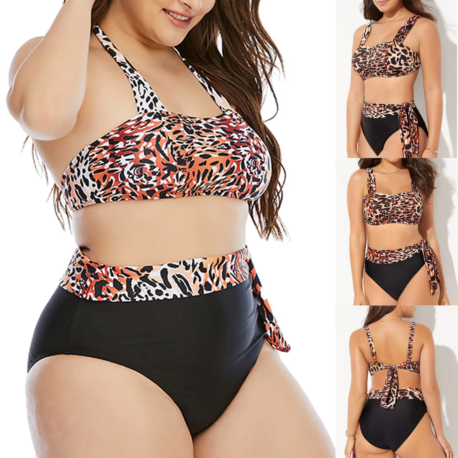 Vrouwen Grote Maat Badpak Tweedelige Luipaard Print Bikini Badmode Trendy Halter Hals Veteraan Badpak Trajes De Bano Mujer