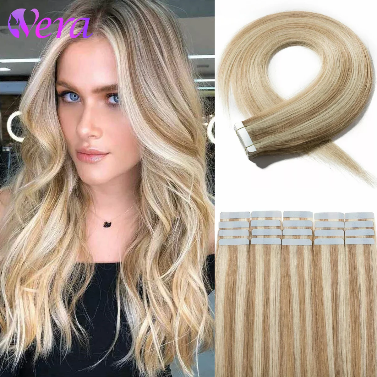 Tape In Human Hair Extensions Blonde Highlight Invisible Tape In Extensions Real Human Hair 20Pcs Hair Extension Real Human Hair