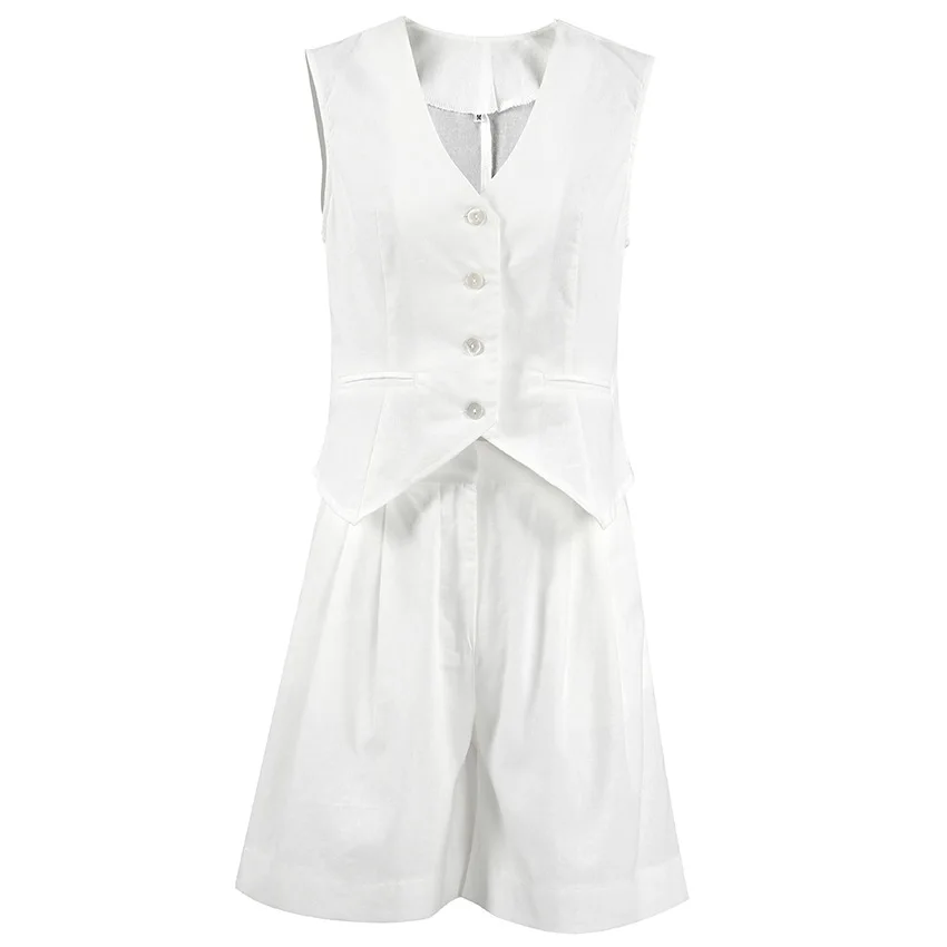 Women Pant Sets Vintage Solid Single Breasted V Neck Waistcoat Tops + Slim Zipper Fly Shorts Summer Office Lady Suit White