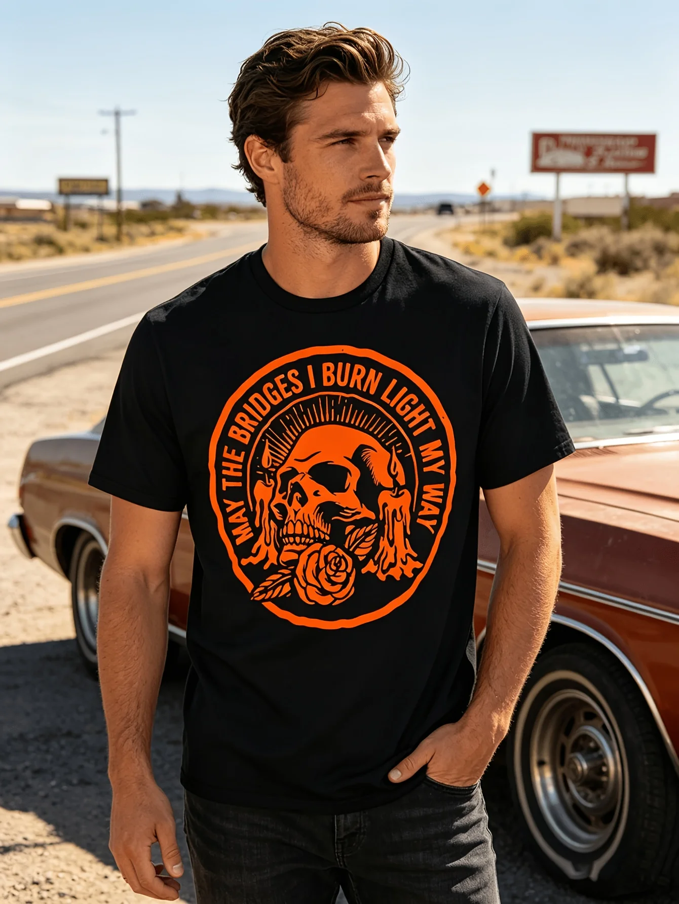 May The Bridges I Burn Light My Way Skull Gothic Quote Art T-Shirt Graphic Short Sleeve Men's T-shirts for Summer All-Season - view 2