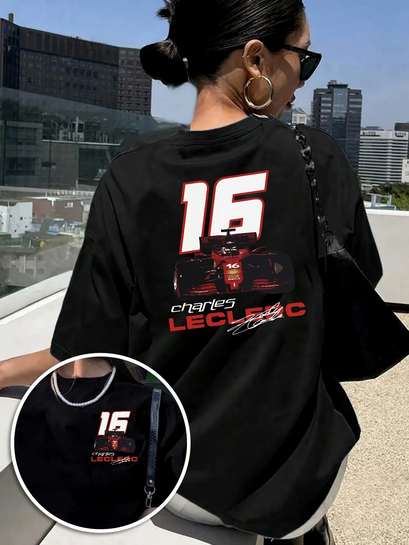 Camiseta de carreras F1 inspirada en Charles Leclerc para mujer, camiseta gráfica de coche de carreras delantera y trasera para fanáticos de la Fórmula 1, Top de deportes de motor