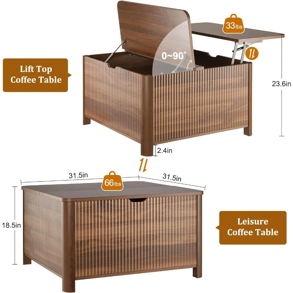 31.5 Fluted Lift Top Coffee Table with Storage, Square Coffee Tables for Living Room, Coffee Table