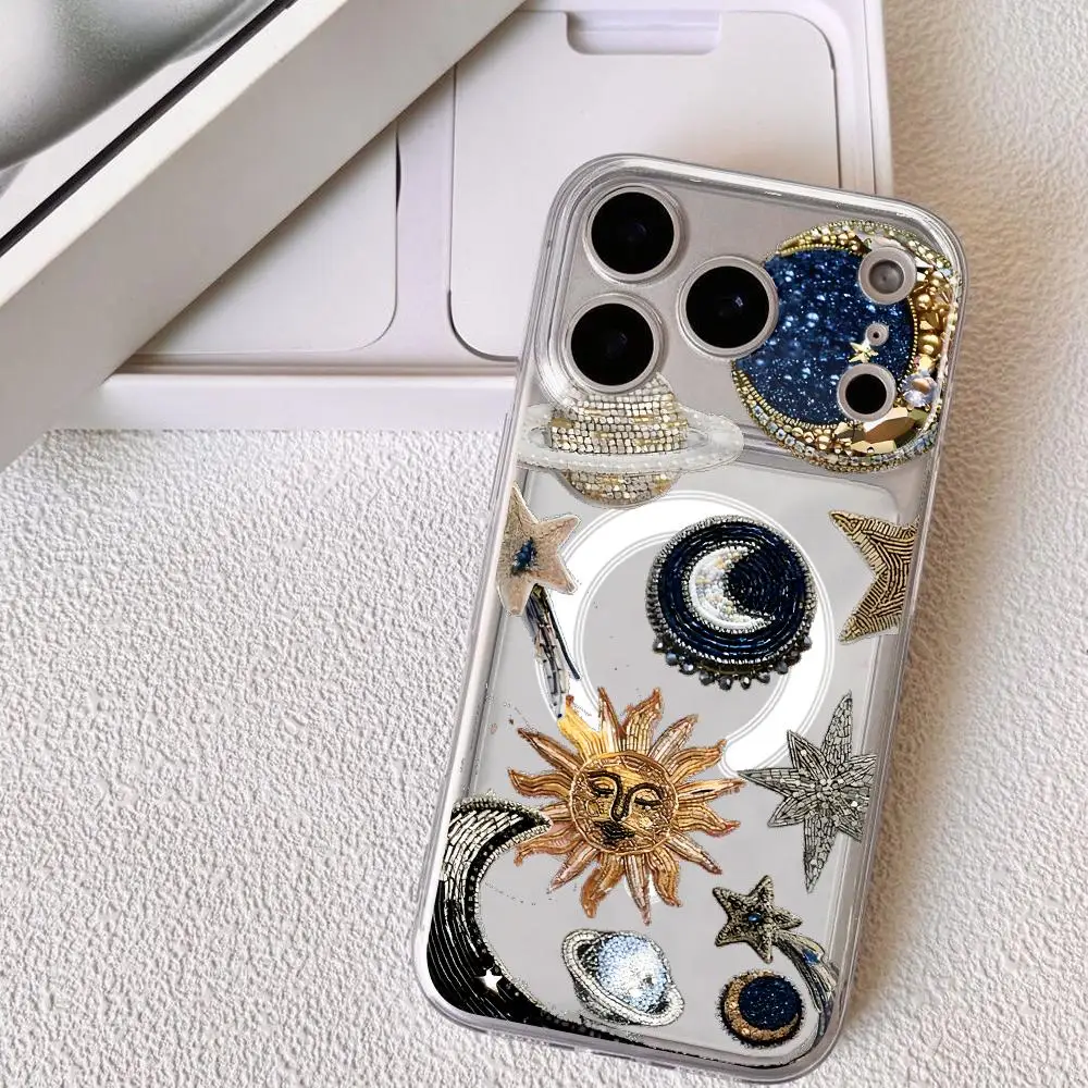 Beaded Celestial Moon Sun Phone Case For IPhone18 17 16 15 14 13 12 Pro Max Plus Magnetic Crystal Clear Case Wireless Charge