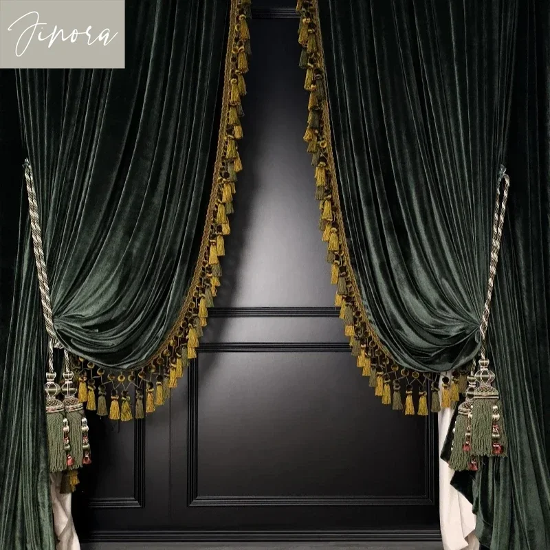 JINORA Luxury Dark Green Velvet Curtains for Living Room Bedroom Retro Tassels Thickened Blackout French Villa Curtain Custom