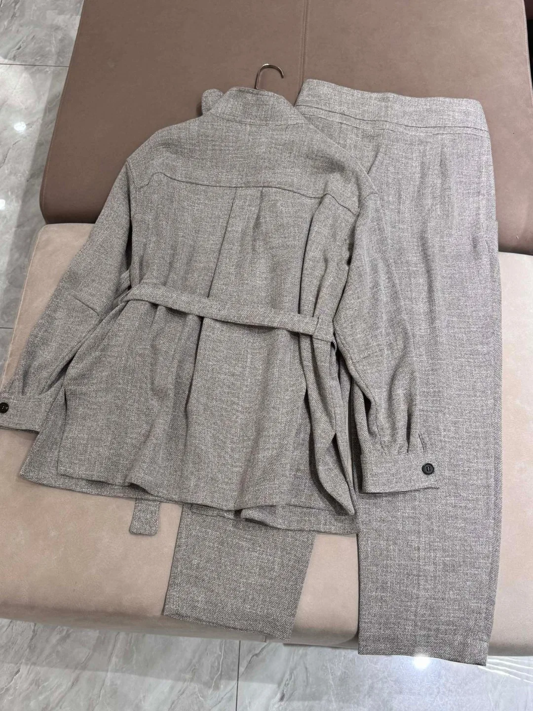 Autumn 2024 Women's Pants Suit Wool Cotton Linen Blended Single Breasted Jacket + High Waist Straight Trousers 2-Piece Set