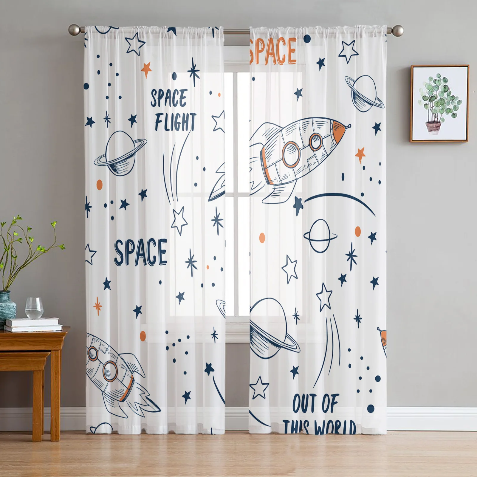 Space Rocket Spacecraft Cartoon Cosmic Planet White Meteor Tulle Sheer Curtains Window Living Room Bedroom Kitchen Voile Curtain