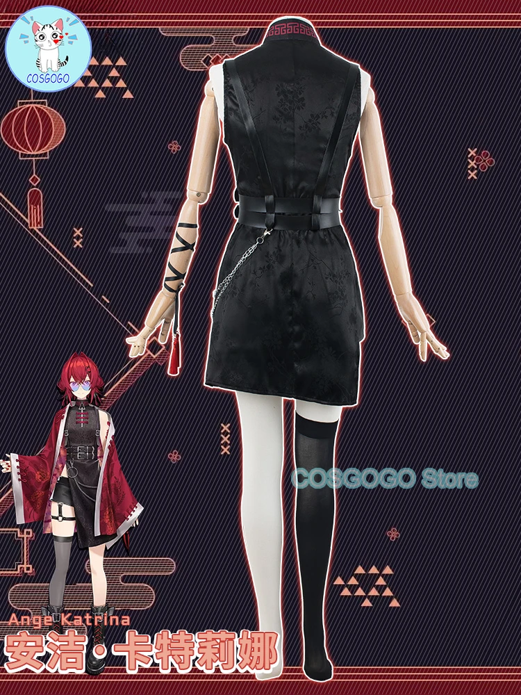 COSGOGO-Costume de Cosplay pour Femme, Anime Vtuber Nijisanji Ange Katrina, Cheongsam, Robe d'Halloween, Manteau de Jeu Imbibé, Uniforme, Tenue, Perruque