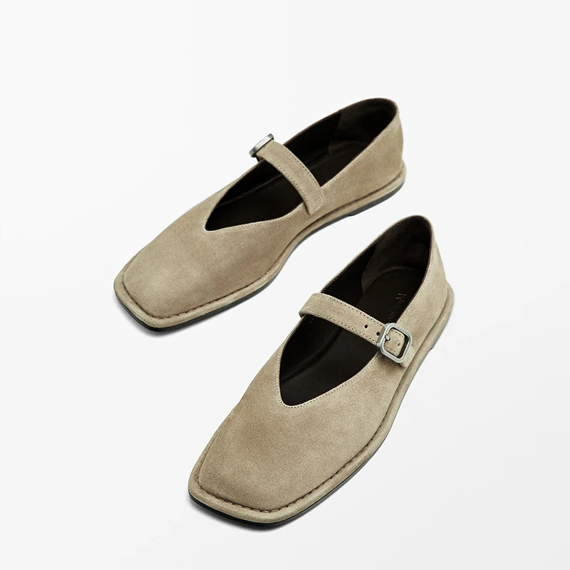 Linjer Stricklin Women\'s Shoes 2024 Summer New Real Cow Leather Flat Sole Single Shoe Buckle Decoration Retro Suede Ballet Shoes