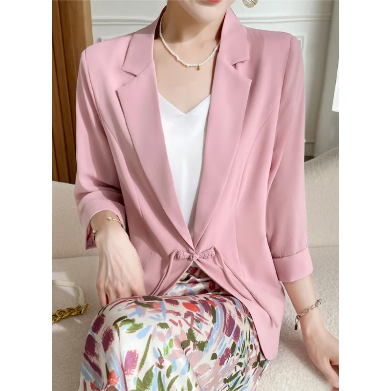 Women Thin Summer Brazers Chiffon Three-quarter Sleeve Buttoned Suits Single-layer Drape Slim Fit Tops Office Lady Clothing Wear