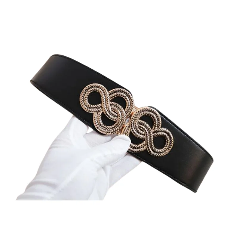 دوامة الذهب اللون مشبك أحزمة الخصر لسيدة الصينية عقدة تصميم Cummerbunds الأسود مطاطا بو الجلود الخصر ختم الهدايا #3