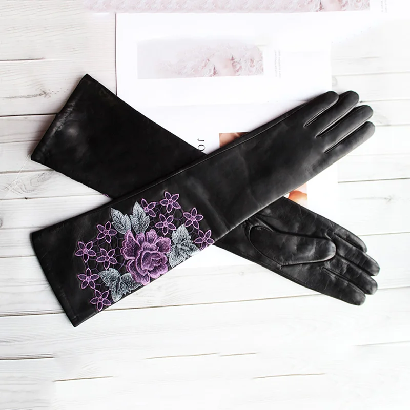 High Quality Imported Goat Leather Long Gloves Women Fashion Embroidered Pattern Winter Warm Velvet Lining Black Sleeves