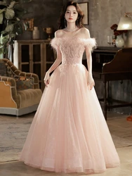 Pink Graceful Celebrity Dress Luxury Boat Neck A-line Sleeveless Feather Strapless Backless Pleated Long Evening Host Gowns 2024