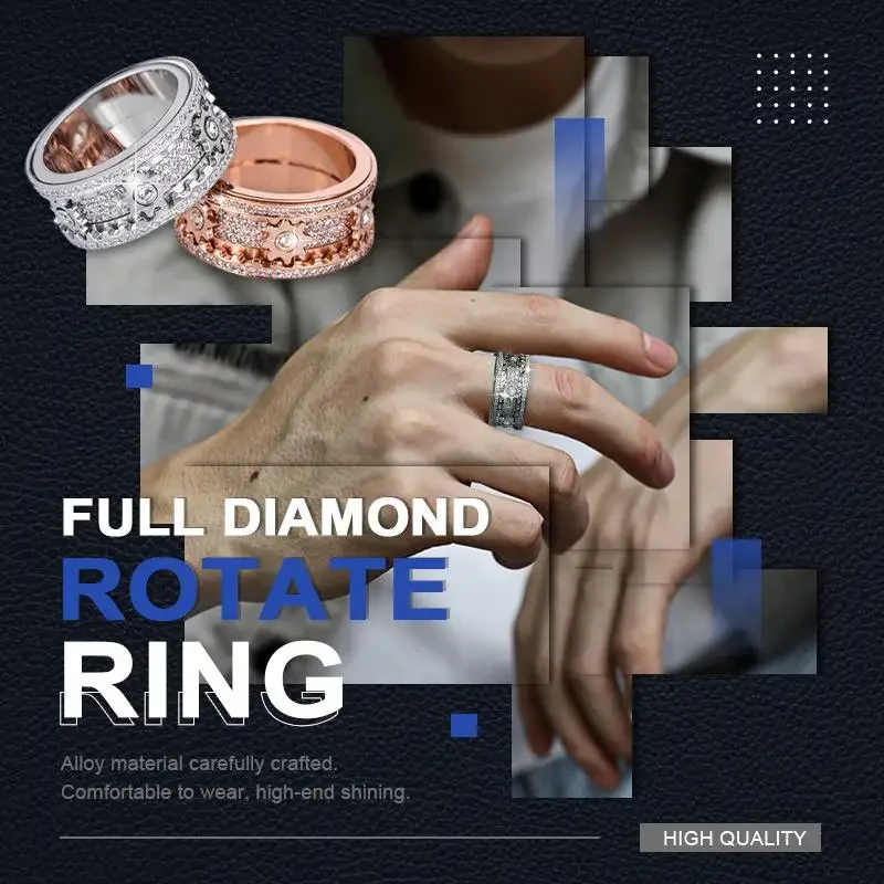 Handmade Starry Gear Rotate Ring Full diamond star diamond gear swivel ring Men's and women's rings lovers tail ring