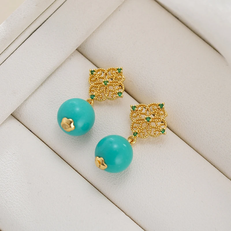 New in fresh hollow out inlaid green diamond round beads earings unique blue retro turquoise earrings for women wedding jewelry