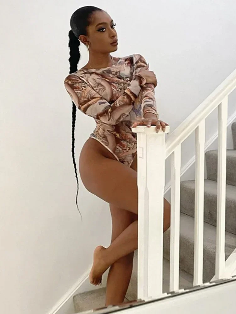 

Butterfly Print Sexy Bodysuit Lingerie Streetwear Bustier O-Neck One-Pieces Corset Top Long Sleeve Fashion Trends Women Clothing